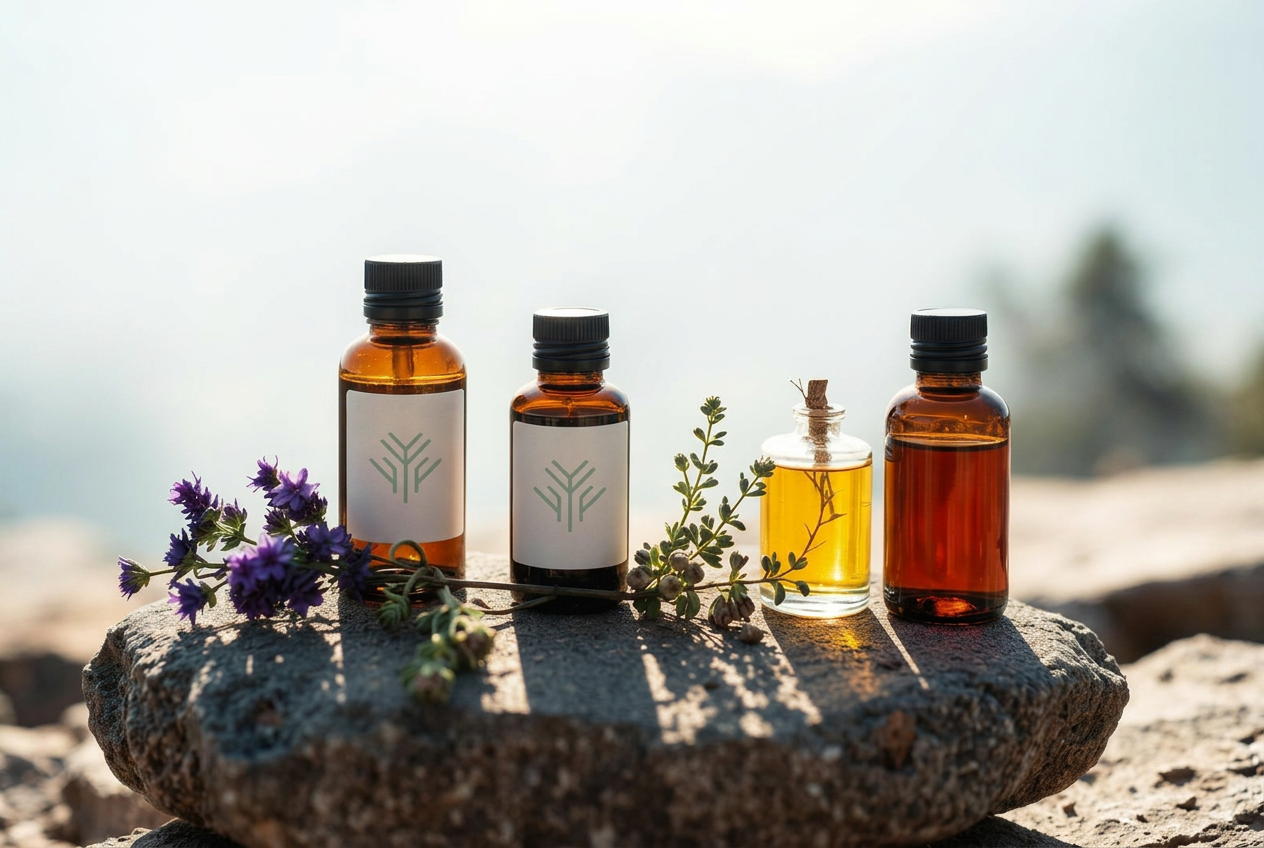 Huiles essentielles et plantes médicinales — ambiance zen montagne